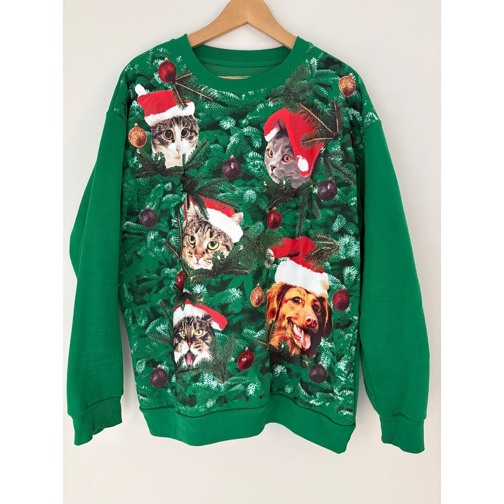 Light-Up Festive Cat and Dog Christmas Sweatshirt, Green, Size XL